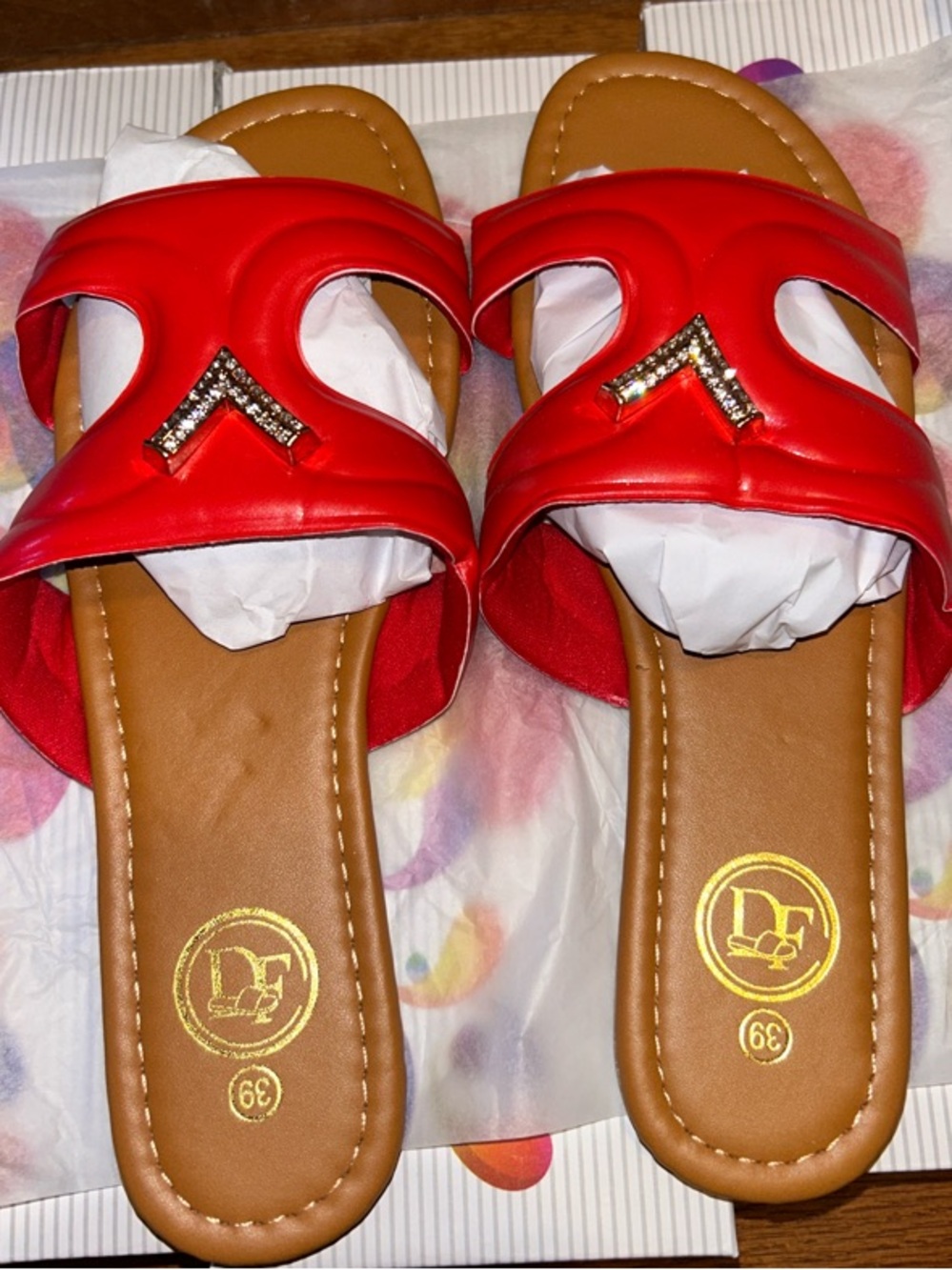 Women's Red Slide Sandals with Crystal Chevron Accent